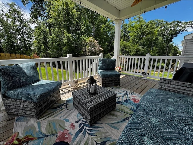 9809 Coral Bells Ct, Toano, VA 23168 - deck with a ceiling fan and outdoor lounge area