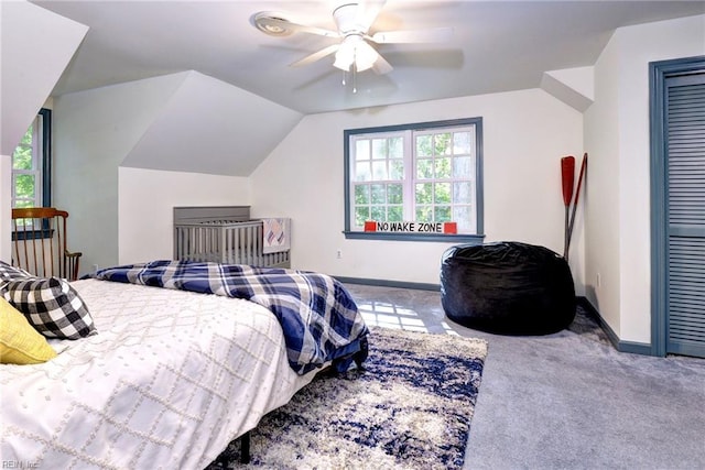 102 Whitehall Ct, Williamsburg, VA 23188 - carpeted bedroom featuring a ceiling fan, lofted ceiling, and a closet
