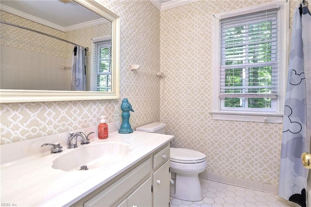 102 Whitehall Ct, Williamsburg, VA 23188 - bathroom featuring crown molding, wallpapered walls, vanity, tile patterned flooring, and a shower with curtain