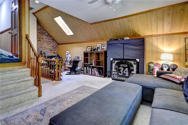 102 Whitehall Ct, Williamsburg, VA 23188 - living room featuring a skylight, lofted ceiling, ceiling fan, stairway, and carpet flooring
