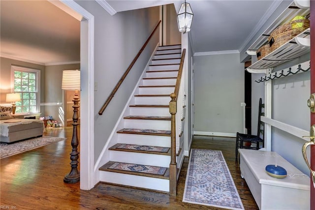102 Whitehall Ct, Williamsburg, VA 23188 - staircase featuring wood finished floors and crown molding