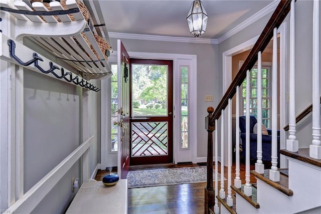 102 Whitehall Ct, Williamsburg, VA 23188 - foyer entrance featuring stairs, wood finished floors, and ornamental molding