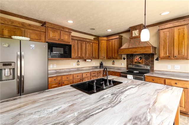 2501 Clancie Rd, Shacklefords, VA 23156 - kitchen featuring appliances with stainless steel finishes, brown cabinets, premium range hood, recessed lighting, and pendant lighting
