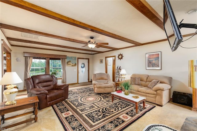 2501 Clancie Rd, Shacklefords, VA 23156 - living room featuring beam ceiling, a ceiling fan, and carpet flooring