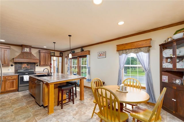 2501 Clancie Rd, Shacklefords, VA 23156 - kitchen with appliances with stainless steel finishes, premium range hood, healthy amount of natural light, a kitchen island with sink, and recessed lighting