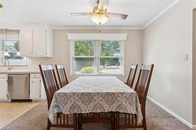 2855 Cypress Crest Ln, Hayes, VA 23072 - dining room with a ceiling fan, ornamental molding, and light carpet