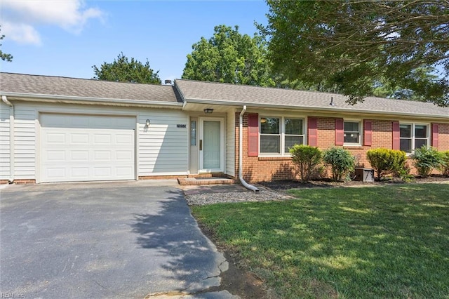 2855 Cypress Crest Ln, Hayes, VA 23072 - single story home featuring a garage, brick siding, driveway, a front lawn, and a shingled roof