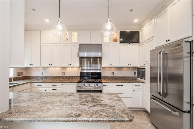 270 Tazewell St, Norfolk, VA 23510 - kitchen with appliances with stainless steel finishes, wall chimney exhaust hood, light stone countertops, white cabinets, and pendant lighting