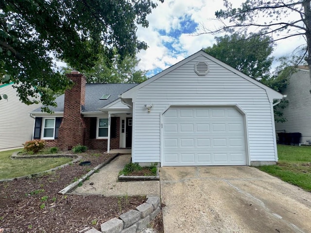 2020 Lyndora Rd, Virginia Beach, VA 23464 - ranch-style home featuring concrete driveway, an attached garage, a chimney, and a shingled roof