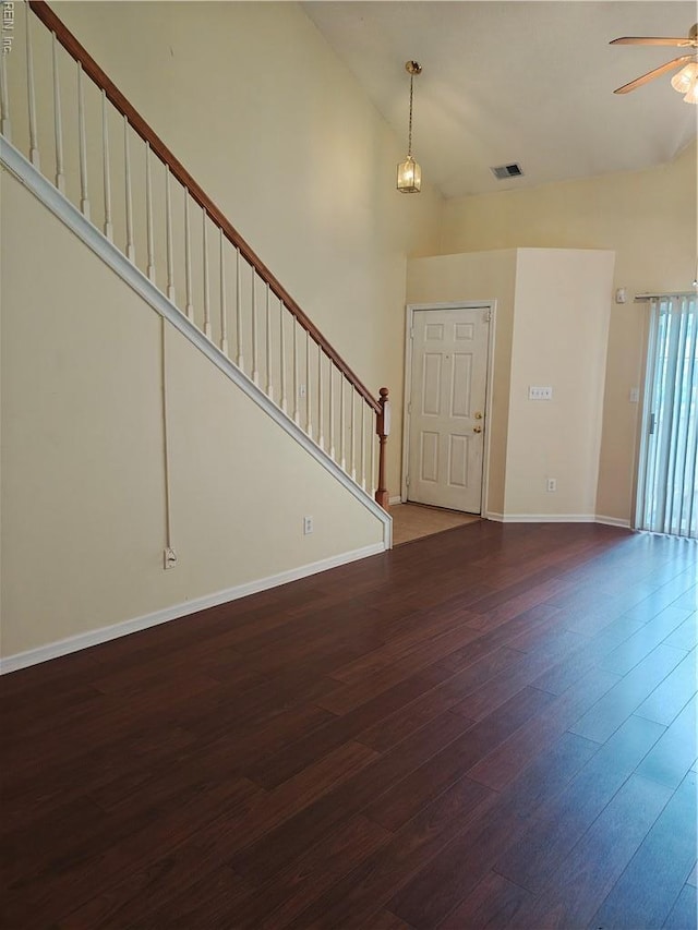 419 Adkins Arch Arch, Virginia Beach, VA 23462 - unfurnished living room with a ceiling fan, hardwood / wood-style flooring, high vaulted ceiling, and stairway
