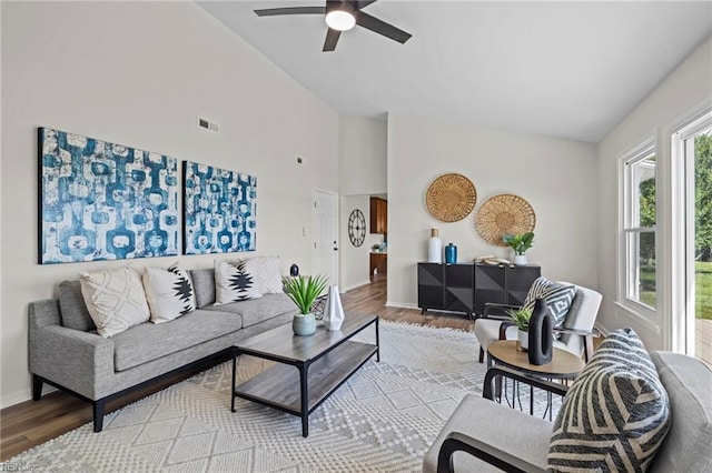 1545 Lake James Dr, Virginia Beach, VA 23464 - living area with wood finished floors, a ceiling fan, and high vaulted ceiling