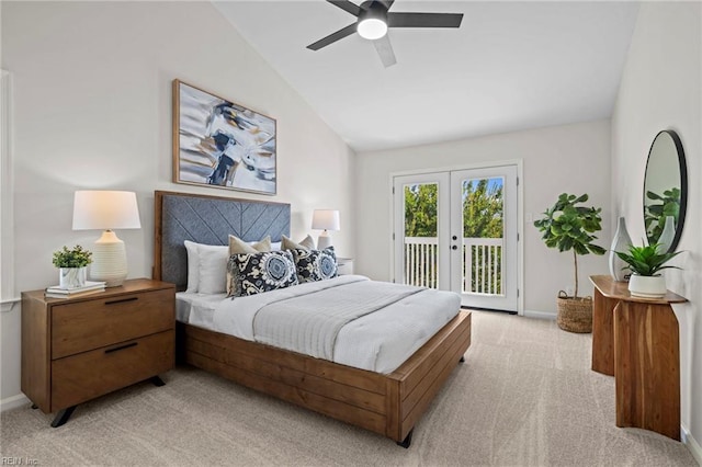 1545 Lake James Dr, Virginia Beach, VA 23464 - bedroom featuring access to outside, light carpet, vaulted ceiling, ceiling fan, and french doors