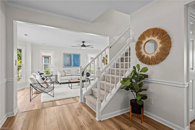 1545 Lake James Dr, Virginia Beach, VA 23464 - stairway with wood finished floors, ornamental molding, and ceiling fan