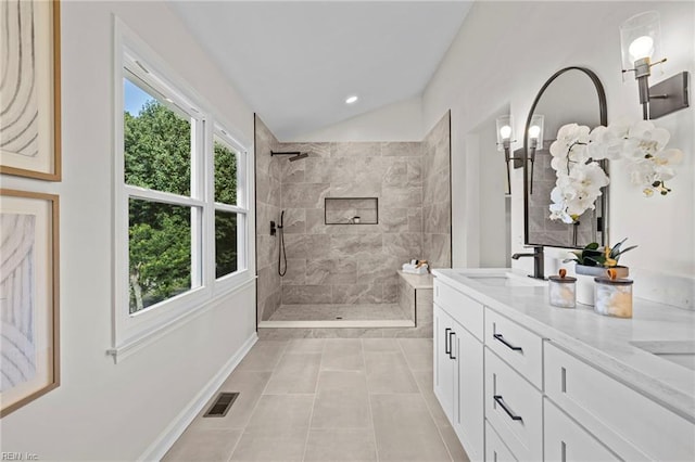 1545 Lake James Dr, Virginia Beach, VA 23464 - full bath with walk in shower, double vanity, lofted ceiling, and tile patterned flooring