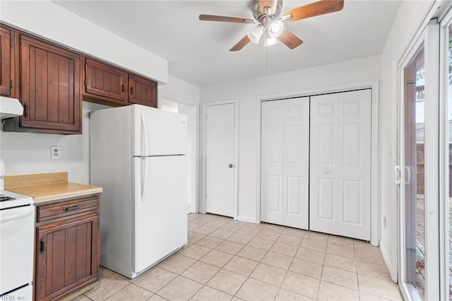 5433 Davis Way, Virginia Beach, VA 23462 - kitchen with white appliances, ceiling fan, light tile patterned floors, range hood, and light countertops