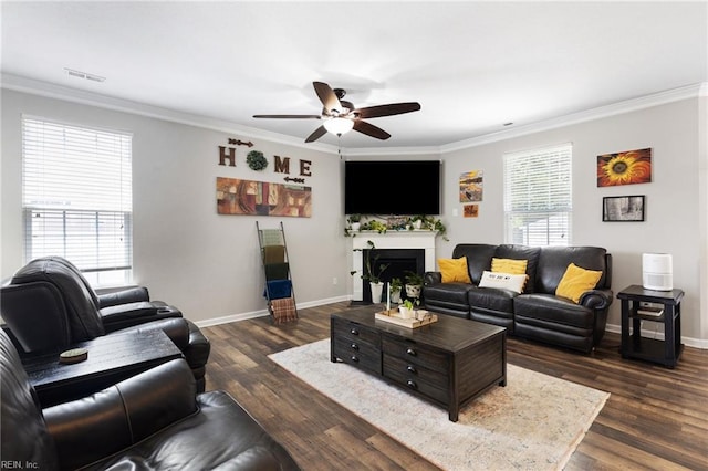 4202 Ravine Gap Dr, Suffolk, VA 23434 - living area with ornamental molding, ceiling fan, dark wood finished floors, and a fireplace