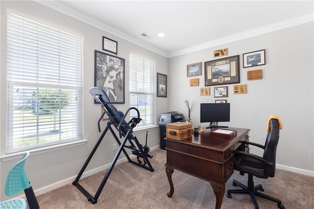 4202 Ravine Gap Dr, Suffolk, VA 23434 - office area featuring light carpet, crown molding, and recessed lighting