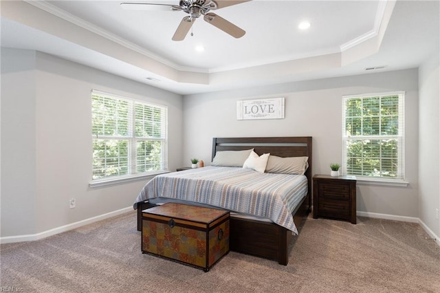 4202 Ravine Gap Dr, Suffolk, VA 23434 - bedroom featuring ornamental molding, carpet flooring, a raised ceiling, ceiling fan, and recessed lighting