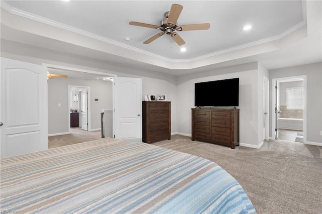 4202 Ravine Gap Dr, Suffolk, VA 23434 - bedroom featuring light colored carpet, crown molding, recessed lighting, a tray ceiling, and ensuite bath