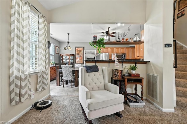 315 Sawmill Arch, Chesapeake, VA 23323 - sitting room featuring light carpet, ceiling fan, stairs, and lofted ceiling