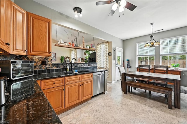 315 Sawmill Arch, Chesapeake, VA 23323 - kitchen with dishwasher, backsplash, a ceiling fan, and brown cabinetry