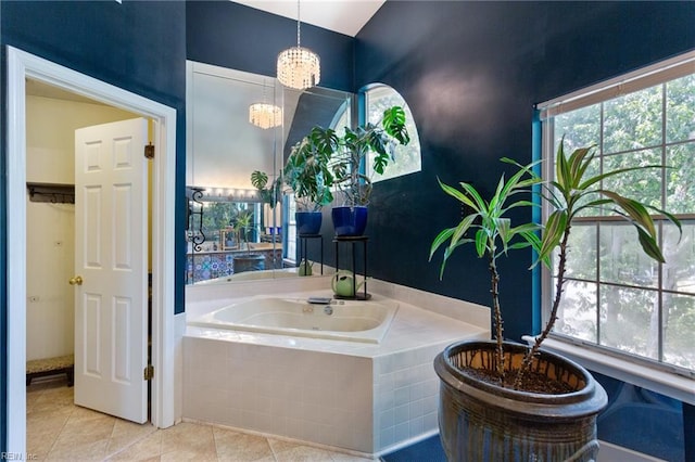 313 River Forest Rd, Virginia Beach, VA 23454 - bathroom with a bath, tile patterned flooring, a chandelier, and plenty of natural light