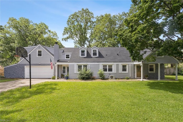 5016 Madeira Rd, Virginia Beach, VA 23455 - view of front of property with driveway, a front lawn, an attached garage, a chimney, and roof with shingles