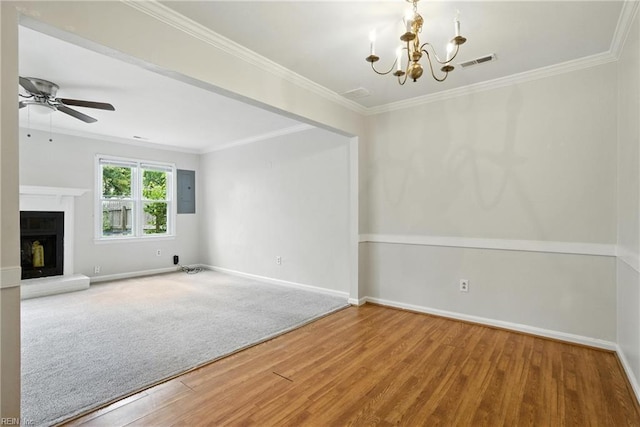 4636 Marlwood Way, Virginia Beach, VA 23462 - unfurnished living room featuring a chandelier, ceiling fan, wood finished floors, crown molding, and a fireplace with raised hearth