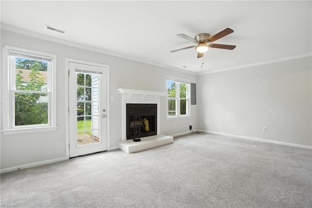 4636 Marlwood Way, Virginia Beach, VA 23462 - unfurnished living room with a ceiling fan, carpet floors, crown molding, and a fireplace with raised hearth