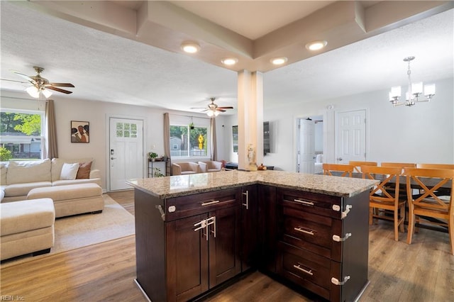 904 Gossman Dr, Virginia Beach, VA 23452 - kitchen with open floor plan, a ceiling fan, recessed lighting, dark wood-style floors, and dark brown cabinetry