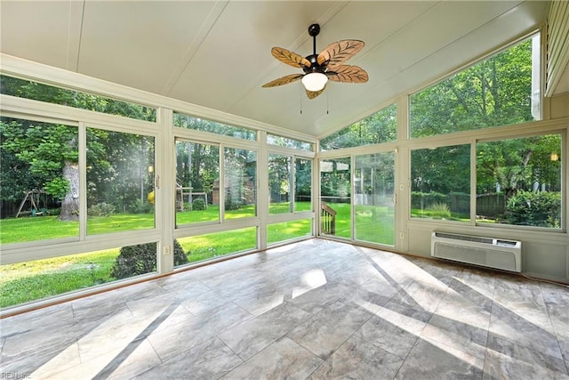 4300 Galston Ct, Chesapeake, VA 23321 - unfurnished sunroom featuring a ceiling fan, a wall mounted AC, and vaulted ceiling