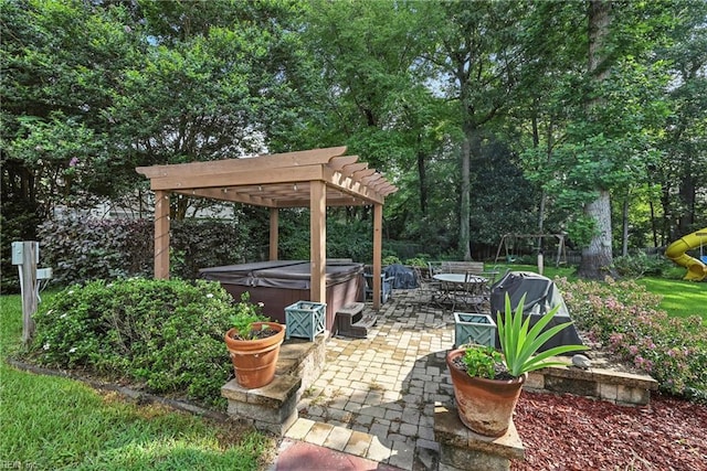 4300 Galston Ct, Chesapeake, VA 23321 - view of patio with a hot tub, a pergola, a playground, outdoor dining area, and view of wooded area