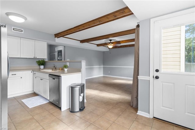 1760 Moonstone Dr, Virginia Beach, VA 23456 - kitchen featuring appliances with stainless steel finishes, a peninsula, white cabinets, a ceiling fan, and light countertops