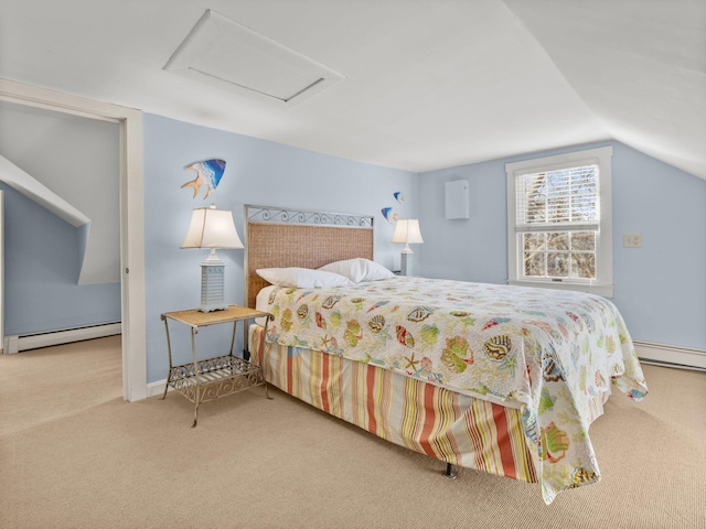 bedroom featuring a baseboard heating unit, vaulted ceiling, and light colored carpet