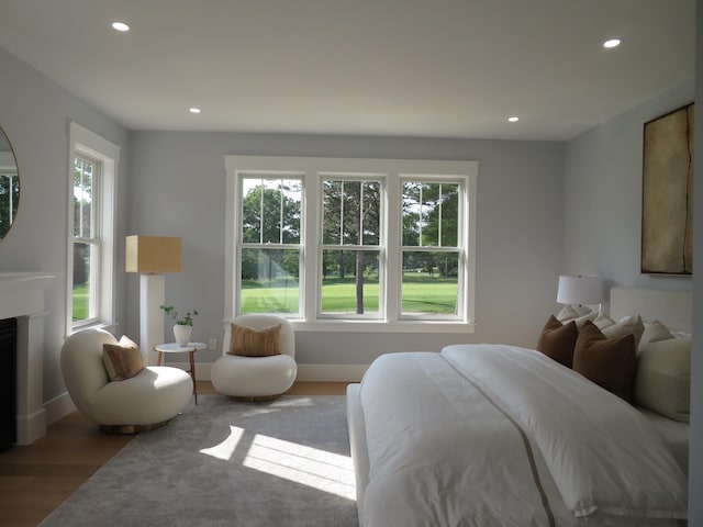 18 Pleasant Park Dr, Mashpee, MA 02649 - bedroom with recessed lighting, multiple windows, wood finished floors, and a fireplace