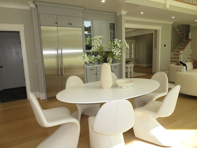 18 Pleasant Park Dr, Mashpee, MA 02649 - dining room featuring stairway, light wood finished floors, ornamental molding, and recessed lighting