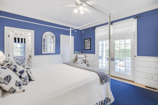 88 Champlain Rd, Chatham, MA 02633 - bedroom with access to outside, wainscoting, ornamental molding, and ceiling fan