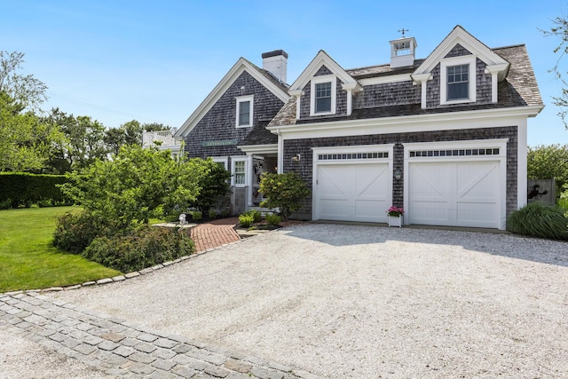 88 Champlain Rd, Chatham, MA 02633 - shingle-style home featuring gravel driveway, a garage, and a chimney