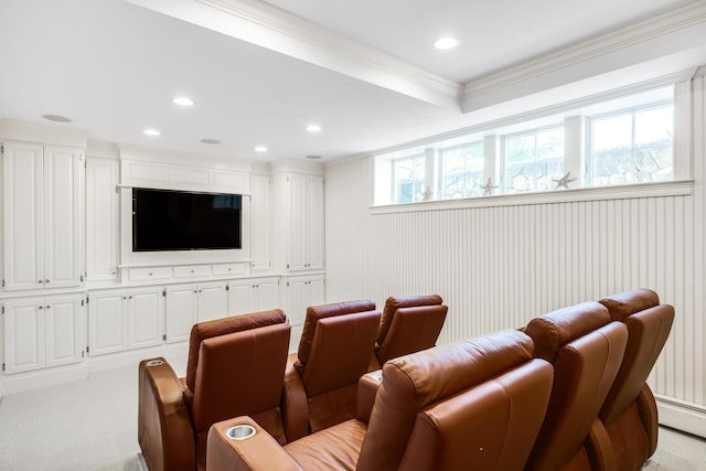 88 Champlain Rd, Chatham, MA 02633 - cinema room with crown molding, light colored carpet, recessed lighting, and a baseboard heating unit