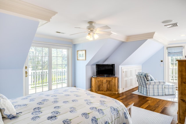 88 Champlain Rd, Chatham, MA 02633 - bedroom featuring access to exterior, wood finished floors, ornamental molding, ceiling fan, and lofted ceiling