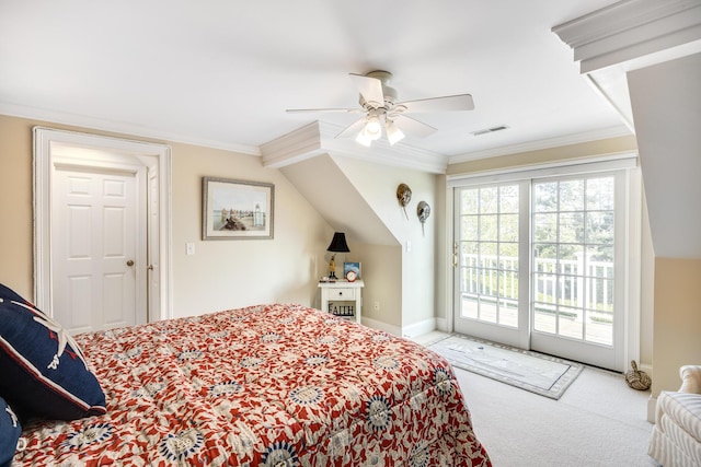 88 Champlain Rd, Chatham, MA 02633 - bedroom featuring access to outside, carpet floors, ornamental molding, and a ceiling fan