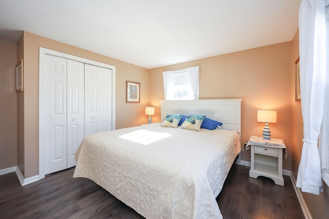 bedroom with a closet and dark hardwood / wood-style flooring