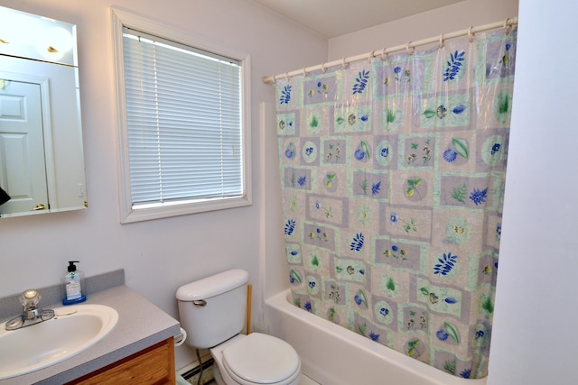 62 Jernegan Ave, Edgartown, MA 02539 - bathroom featuring a baseboard radiator, vanity, toilet, and shower / tub combo