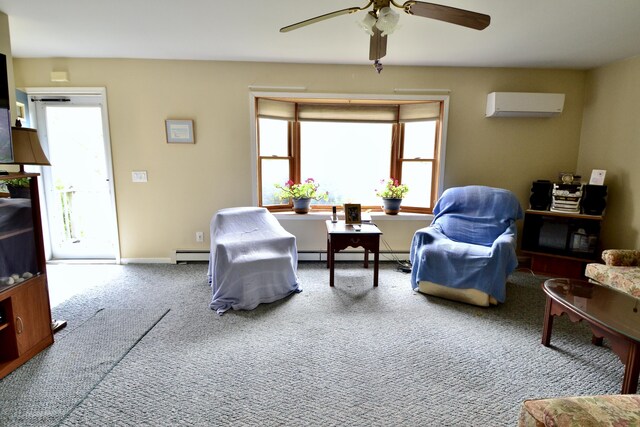62 Jernegan Ave, Edgartown, MA 02539 - living room with a wall mounted AC, baseboard heating, carpet flooring, a ceiling fan, and healthy amount of natural light