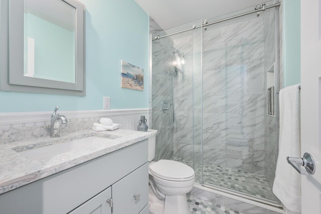 290 Fletcher Ln, Brewster, MA 02631 - full bathroom featuring vanity, a marble finish shower, and wainscoting
