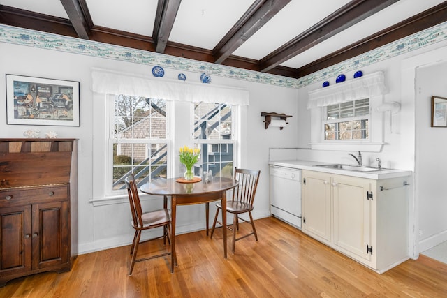 dining area with beam ceiling, baseboards, and light wood finished floors