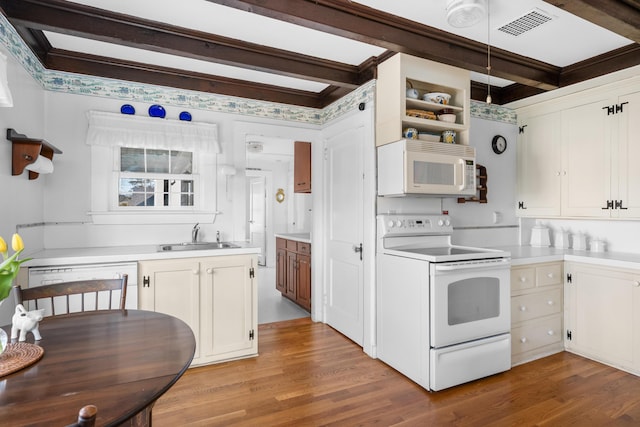 402 Old Wharf Rd, Dennis Port, MA 02639 - kitchen featuring a sink, light wood-style flooring, white appliances, and beam ceiling