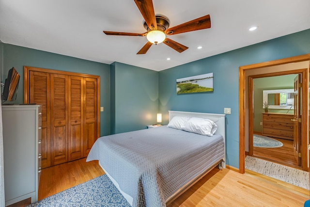 51 Wianno Cir, Osterville, MA 02655 - bedroom featuring light wood-type flooring, a closet, ceiling fan, recessed lighting, and baseboards