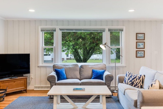 22 Emerson Rd, East Falmouth, MA 02536 - living room with plenty of natural light, wood finished floors, a baseboard radiator, and recessed lighting