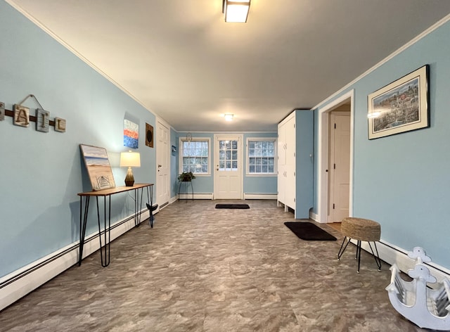 interior space with baseboard heating and ornamental molding